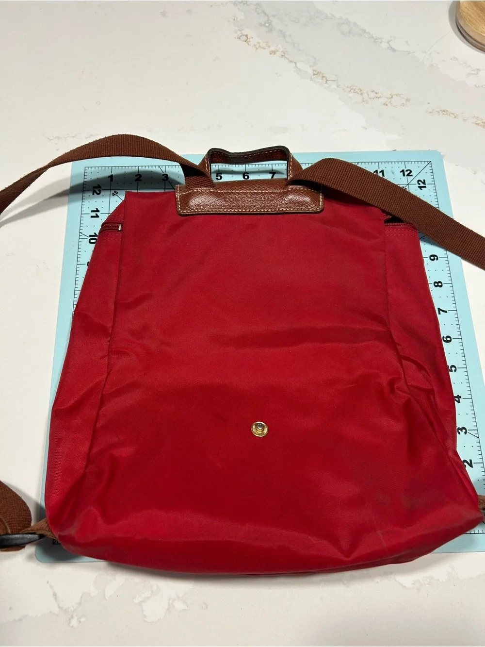 Longchamp Red Nylon Backpack with Brown Leather Flap